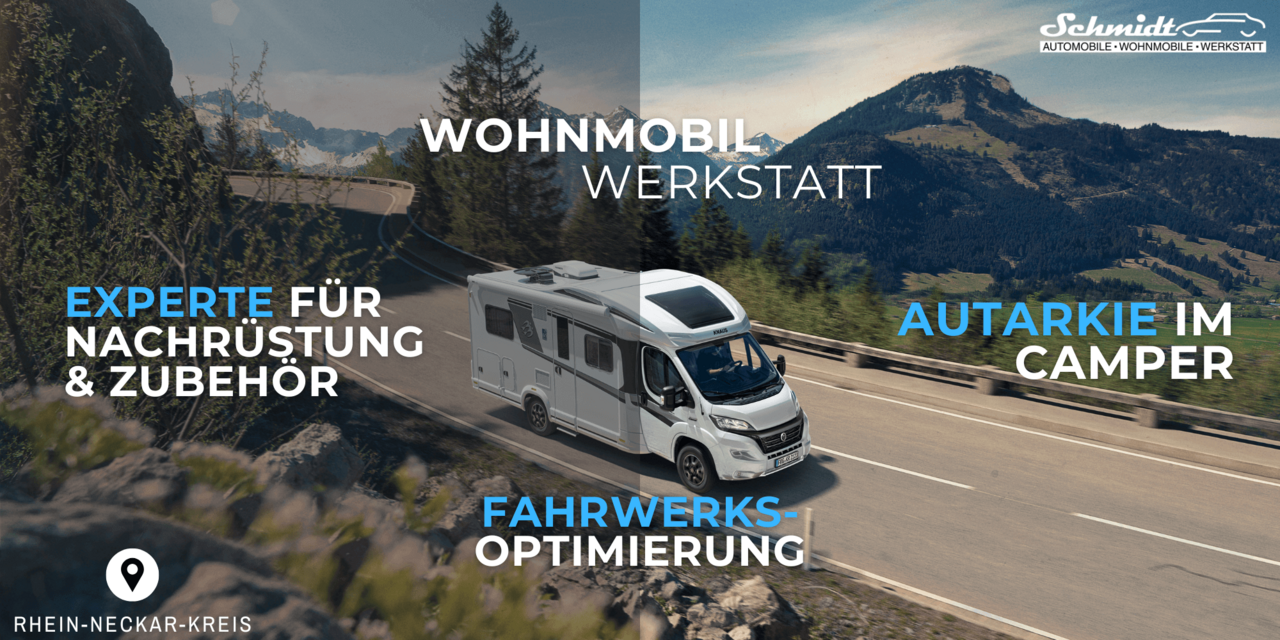 Wohnmobil Werkstatt – Autarkie, Fahrwerksoptimierung & Zubehör vom Experten in Altlußheim Wohnmobil in moderner Werkstatt mit Zubehör und Nachrüstungen für mehr Autarkie und Fahrkomfort