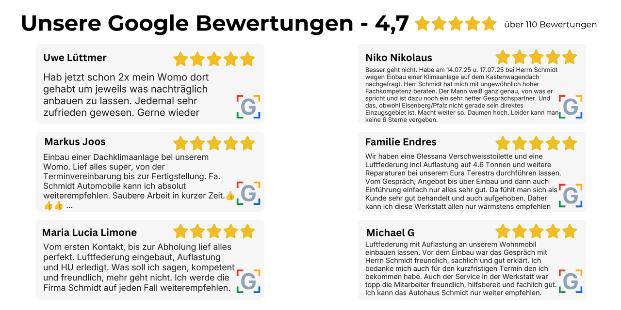 Kundenbewertungen unserer Wohnmobil-Werkstatt mit Erfahrungen zu Nachrüstungen, Umbauten und technischem Service für Wohnmobile
